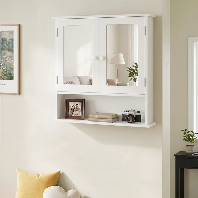 Alt view image 4 of 7 - Bathroom Medicine Cabinet with Mirror, Wall Mounted Wooden Hanging Organizer with Doors and Shelves, Bathroom Wall Mirror Cabinet (Mirror Doors, White)