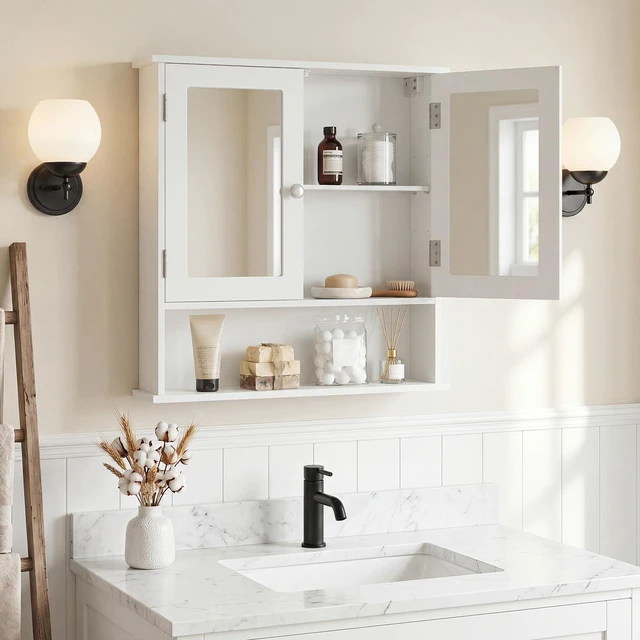 Alt view image 2 of 7 - Bathroom Medicine Cabinet with Mirror, Wall Mounted Wooden Hanging Organizer with Doors and Shelves, Bathroom Wall Mirror Cabinet (Mirror Doors, White)