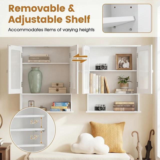 Alt view image 7 of 7 - Bathroom Medicine Cabinet with Mirror, Wall Mounted Wooden Hanging Organizer with Doors and Shelves, Bathroom Wall Mirror Cabinet (Mirror Doors, White)