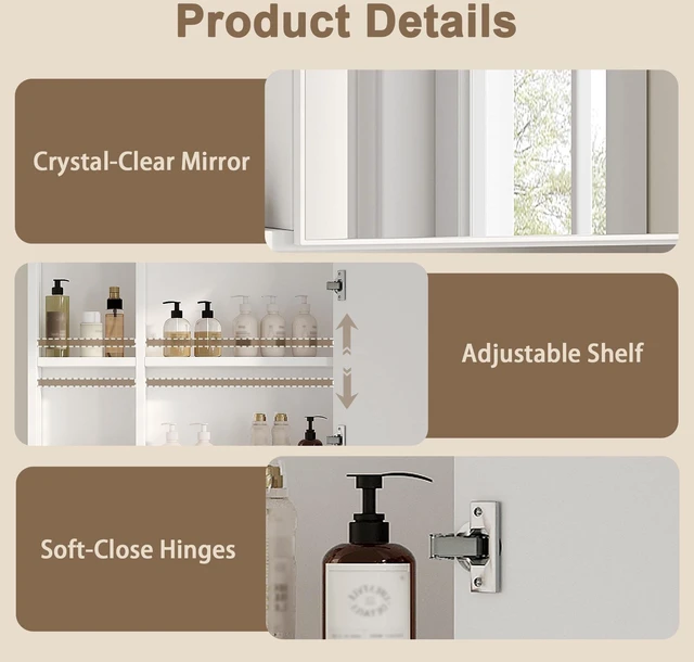 Alt view image 2 of 7 - Bathroom Wall Mirror Cabinet, Medicine Cabinet with Storage Shelf | Over The Toilet Storage Cabinet, Adjustable Shelf, 6.3 x 21.6 x 24 Inches, White