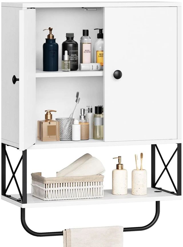 Main image of Bathroom Wall Cabinet with 2 Door and Adjustable Shelf, Farmhouse Medicine Cabinet with Towel Rack, 3-Tier Wall Mounted Storage Cabinet Over The Toilet for Bathroom, 18.9" L, White