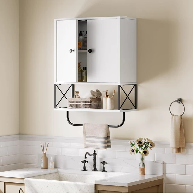 Alt view image 2 of 7 - Bathroom Wall Cabinet with 2 Door and Adjustable Shelf, Farmhouse Medicine Cabinet with Towel Rack, 3-Tier Wall Mounted Storage Cabinet Over The Toilet for Bathroom, 18.9" L, White