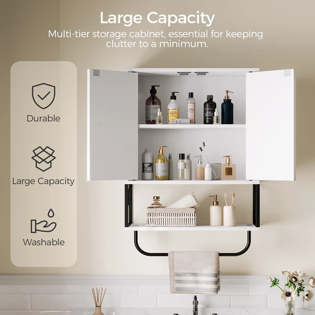 Alt view image 3 of 7 - Bathroom Wall Cabinet with 2 Door and Adjustable Shelf, Farmhouse Medicine Cabinet with Towel Rack, 3-Tier Wall Mounted Storage Cabinet Over The Toilet for Bathroom, 18.9" L, White