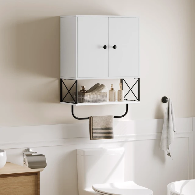 Alt view image 5 of 7 - Bathroom Wall Cabinet with 2 Door and Adjustable Shelf, Farmhouse Medicine Cabinet with Towel Rack, 3-Tier Wall Mounted Storage Cabinet Over The Toilet for Bathroom, 18.9" L, White