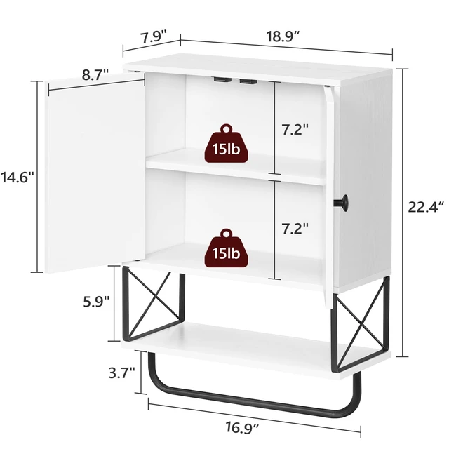 Alt view image 4 of 7 - Bathroom Wall Cabinet with 2 Door and Adjustable Shelf, Farmhouse Medicine Cabinet with Towel Rack, 3-Tier Wall Mounted Storage Cabinet Over The Toilet for Bathroom, 18.9" L, White