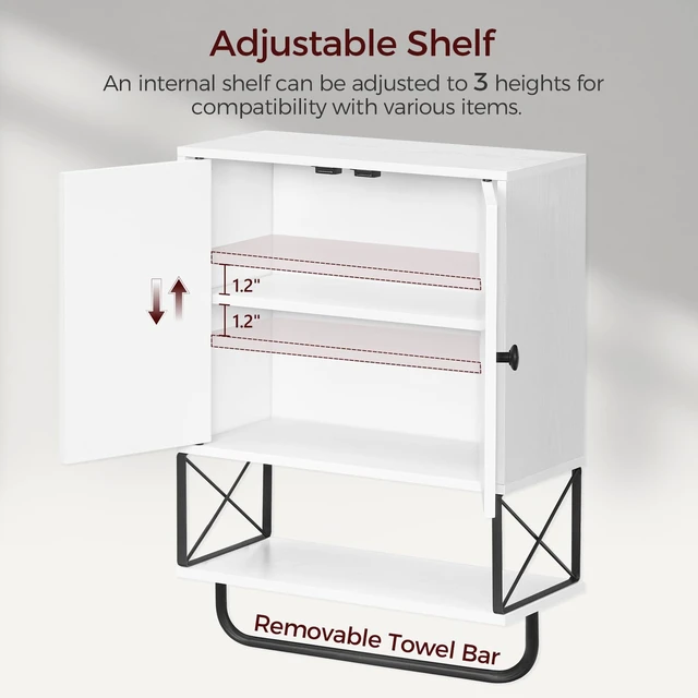 Alt view image 6 of 7 - Bathroom Wall Cabinet with 2 Door and Adjustable Shelf, Farmhouse Medicine Cabinet with Towel Rack, 3-Tier Wall Mounted Storage Cabinet Over The Toilet for Bathroom, 18.9" L, White