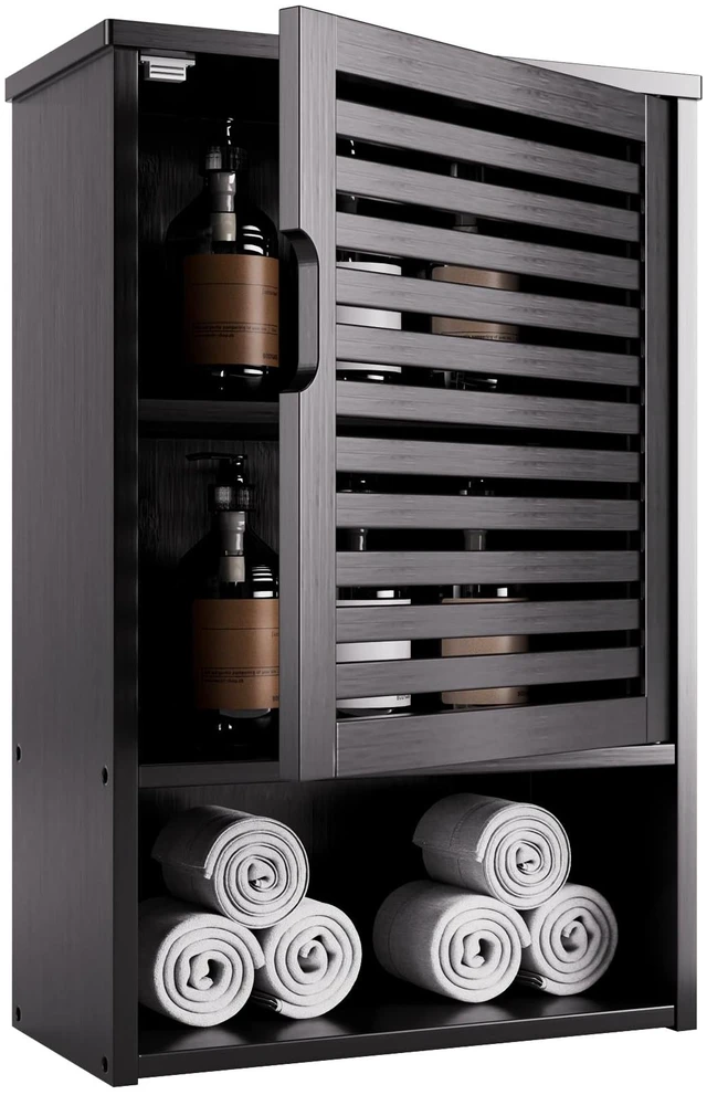 Main image of Bathroom Storage Cabinet Wall Mounted, Hanging Medicine Cabinet with Adjustable Shelf, Over the Toilet Space Saver Organizer, Black Bamboo Kitchen Cupboard, Single Door