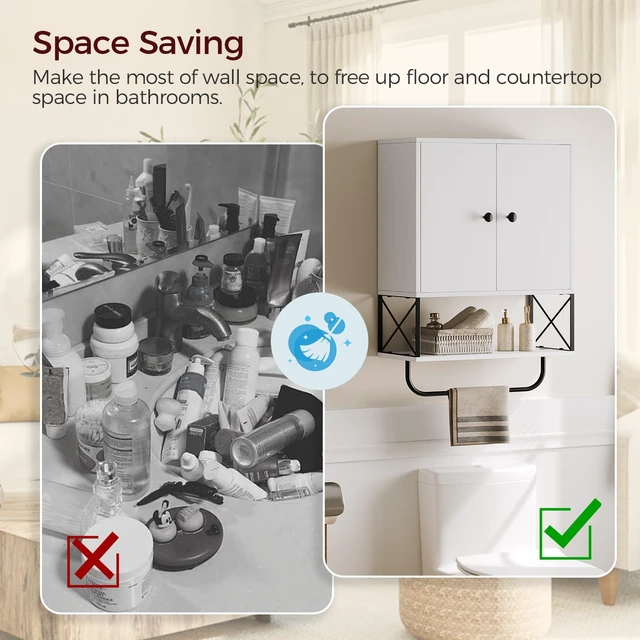 Alt view image 7 of 7 - Bathroom Wall Cabinet with 2 Door and Adjustable Shelf, Farmhouse Medicine Cabinet with Towel Rack, 3-Tier Wall Mounted Storage Cabinet Over The Toilet for Bathroom, 18.9" L, White