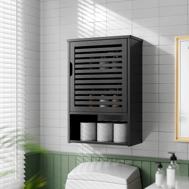 Alt view image 2 of 7 - Bathroom Storage Cabinet Wall Mounted, Hanging Medicine Cabinet with Adjustable Shelf, Over the Toilet Space Saver Organizer, Black Bamboo Kitchen Cupboard, Single Door
