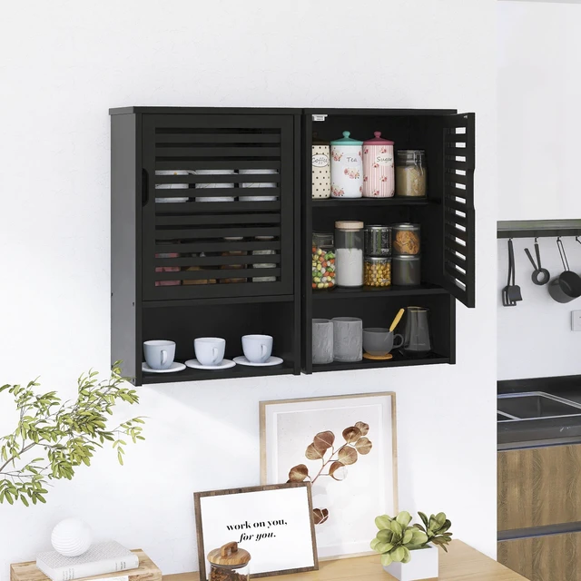 Alt view image 7 of 7 - Bathroom Storage Cabinet Wall Mounted, Hanging Medicine Cabinet with Adjustable Shelf, Over the Toilet Space Saver Organizer, Black Bamboo Kitchen Cupboard, Single Door