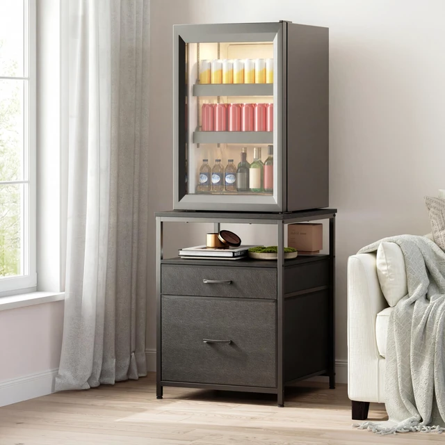 Alt view image 3 of 7 - Mini Fridge Stand with 3 Storage, Mini Fridge Cabinet, Beverage Fridge Table, Heavy Duty 21.3" L* 22.7" W Tabletop, for Dorm, Apartment,Office, Bedroom Black HB01BXB