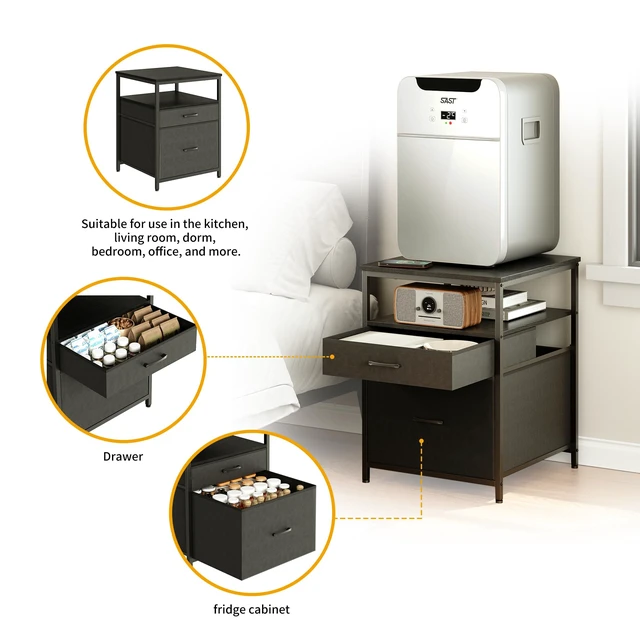 Alt view image 6 of 7 - Mini Fridge Stand with 3 Storage, Mini Fridge Cabinet, Beverage Fridge Table, Heavy Duty 21.3" L* 22.7" W Tabletop, for Dorm, Apartment,Office, Bedroom Black HB01BXB