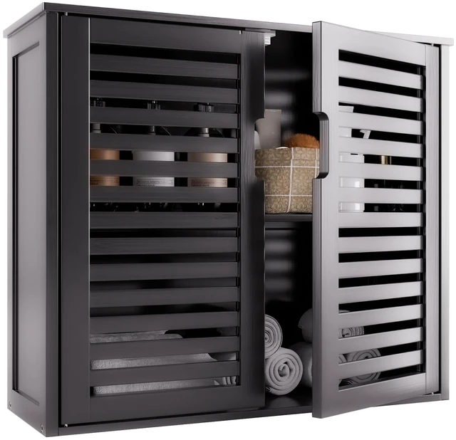 Main image of Black Bathroom Storage Cabinet, Hanging Medicine Cabinet with Adjustable Shelf, Bamboo Over the Toilet Wall Mounted Space Saver Organizer, Double Doors
