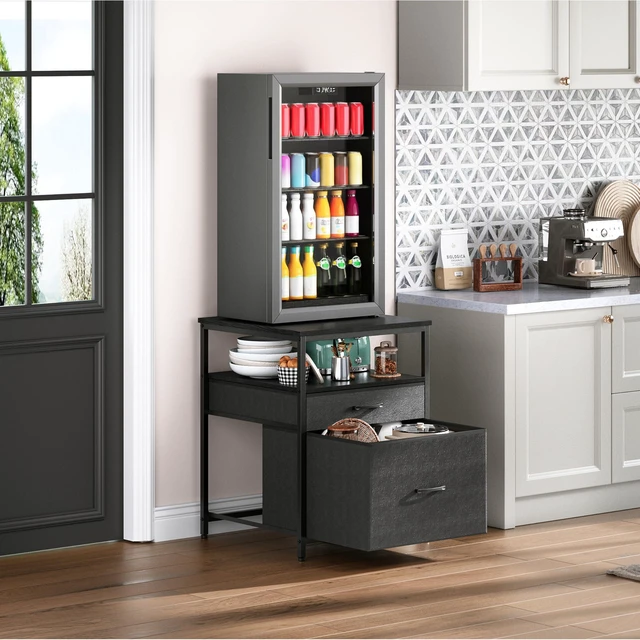 Main image of Mini Fridge Stand with 3 Storage, Mini Fridge Cabinet, Beverage Fridge Table, Heavy Duty 21.3" L* 22.7" W Tabletop, for Dorm, Apartment,Office, Bedroom Black HB01BXB