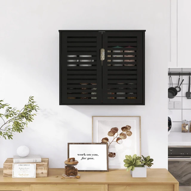 Alt view image 5 of 7 - Black Bathroom Storage Cabinet, Hanging Medicine Cabinet with Adjustable Shelf, Bamboo Over the Toilet Wall Mounted Space Saver Organizer, Double Doors