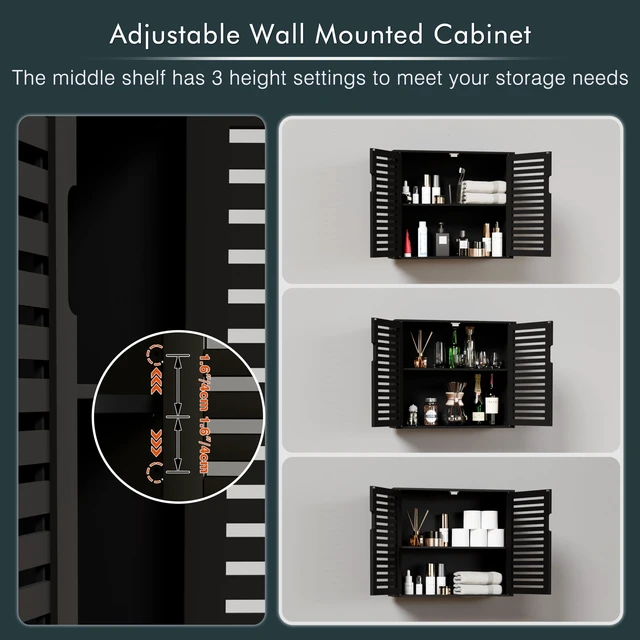 Alt view image 7 of 7 - Black Bathroom Storage Cabinet, Hanging Medicine Cabinet with Adjustable Shelf, Bamboo Over the Toilet Wall Mounted Space Saver Organizer, Double Doors
