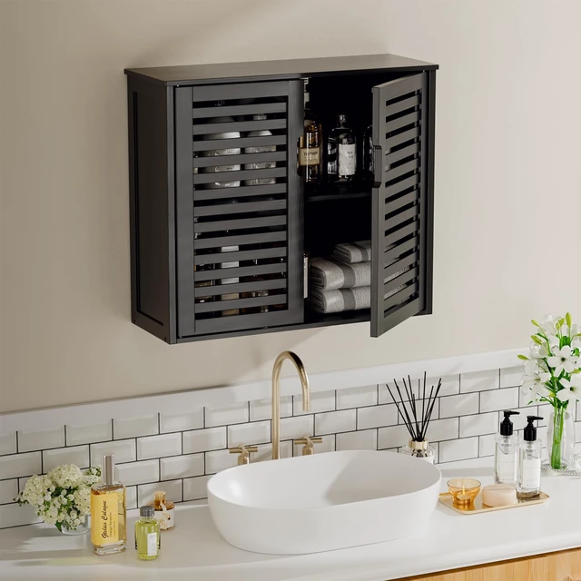 Alt view image 4 of 7 - Black Bathroom Storage Cabinet, Hanging Medicine Cabinet with Adjustable Shelf, Bamboo Over the Toilet Wall Mounted Space Saver Organizer, Double Doors