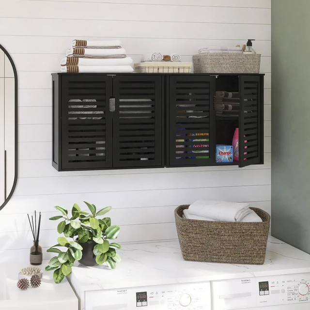 Alt view image 6 of 7 - Black Bathroom Storage Cabinet, Hanging Medicine Cabinet with Adjustable Shelf, Bamboo Over the Toilet Wall Mounted Space Saver Organizer, Double Doors