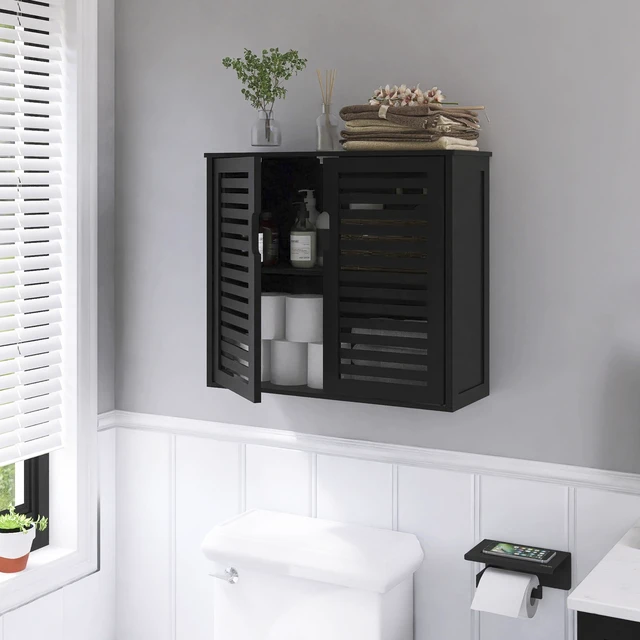 Alt view image 2 of 7 - Black Bathroom Storage Cabinet, Hanging Medicine Cabinet with Adjustable Shelf, Bamboo Over the Toilet Wall Mounted Space Saver Organizer, Double Doors