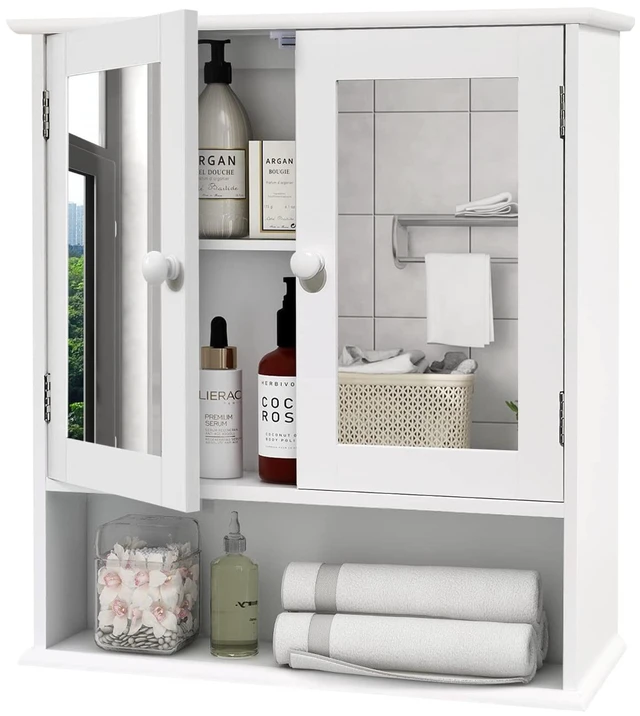 Main image of Medicine Cabinet, Medicine Cabinets for Bathroom with Mirror 2 Doors | 3 Open Shelf, Bathroom Cabinet Wall Mounted Wooden Storage Over Toilet Laundry Room Kitchen