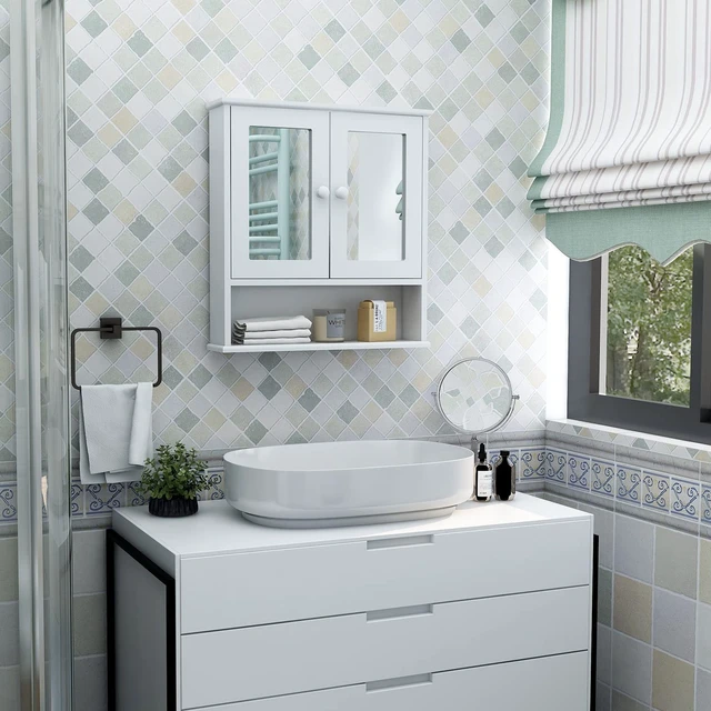 Alt view image 2 of 7 - Medicine Cabinet, Medicine Cabinets for Bathroom with Mirror 2 Doors | 3 Open Shelf, Bathroom Cabinet Wall Mounted Wooden Storage Over Toilet Laundry Room Kitchen