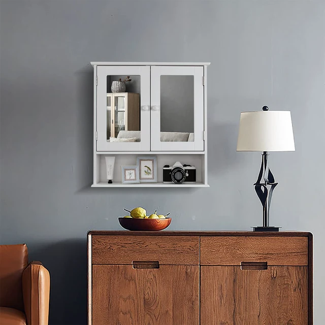Alt view image 5 of 7 - Medicine Cabinet, Medicine Cabinets for Bathroom with Mirror 2 Doors | 3 Open Shelf, Bathroom Cabinet Wall Mounted Wooden Storage Over Toilet Laundry Room Kitchen