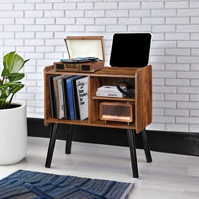 Alt view image 5 of 7 - Record Player Stand with Vinyl Record Storage, Mid-Century Turntable Stand for Living Room Bedroom Office, Record Player Table, Vinyl Holder Holds up to 100 Albums, Rustic Brown