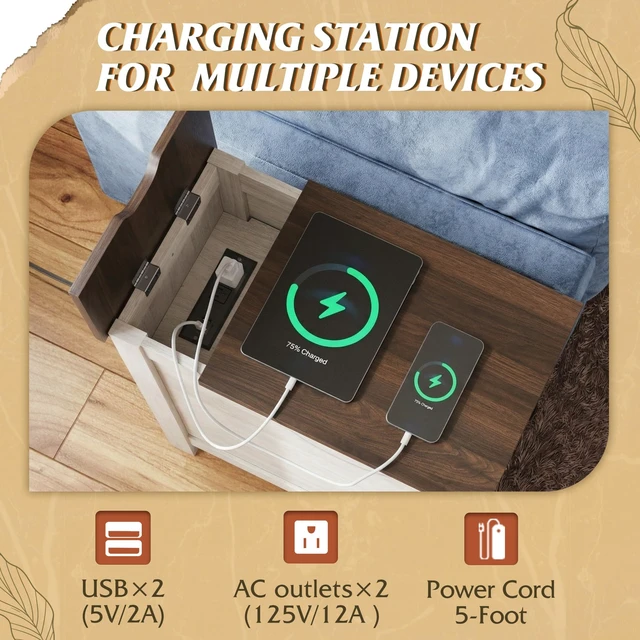 Alt view image 4 of 7 - End Tables for Living Room & Bedroom w/Charging, Narrow Nightstand | 2 AC + 2 USB Ports; Hidden Flip Top Side Tables with Charging Station; Cabinet & Open Storage; for Couch Bedroom Living Room
