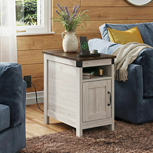 Alt view image 2 of 7 - End Tables for Living Room & Bedroom w/Charging, Narrow Nightstand | 2 AC + 2 USB Ports; Hidden Flip Top Side Tables with Charging Station; Cabinet & Open Storage; for Couch Bedroom Living Room
