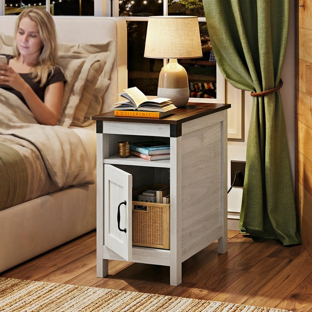 Alt view image 6 of 7 - End Tables for Living Room & Bedroom w/Charging, Narrow Nightstand | 2 AC + 2 USB Ports; Hidden Flip Top Side Tables with Charging Station; Cabinet & Open Storage; for Couch Bedroom Living Room