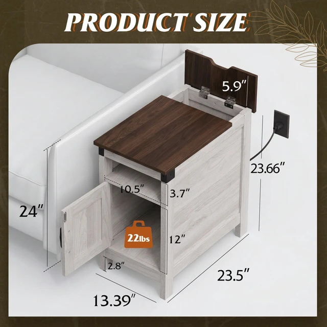 Alt view image 3 of 7 - End Tables for Living Room & Bedroom w/Charging, Narrow Nightstand | 2 AC + 2 USB Ports; Hidden Flip Top Side Tables with Charging Station; Cabinet & Open Storage; for Couch Bedroom Living Room