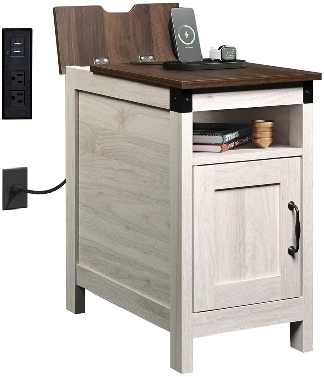 Main image of End Tables for Living Room & Bedroom w/Charging, Narrow Nightstand | 2 AC + 2 USB Ports; Hidden Flip Top Side Tables with Charging Station; Cabinet & Open Storage; for Couch Bedroom Living Room