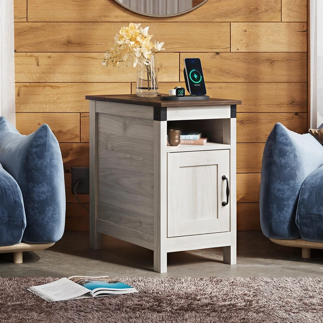 Alt view image 7 of 7 - End Tables for Living Room & Bedroom w/Charging, Narrow Nightstand | 2 AC + 2 USB Ports; Hidden Flip Top Side Tables with Charging Station; Cabinet & Open Storage; for Couch Bedroom Living Room