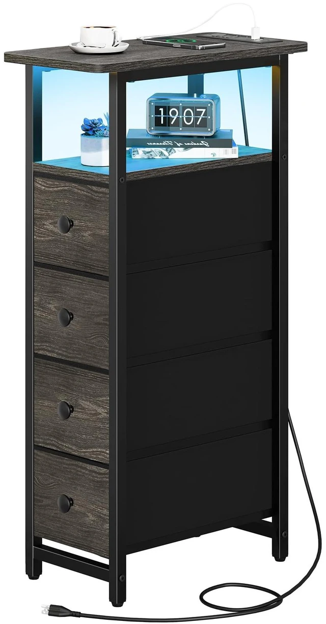 Main image of Narrow Nightstand with Charging Station, LED Tall Narrow Side Table | Sturdy Grey Nightstand, Tall Space-Saving Dresser, Skinny Storage Drawers & Cabinet, Designed for Bedroom Dorm Small Spaces