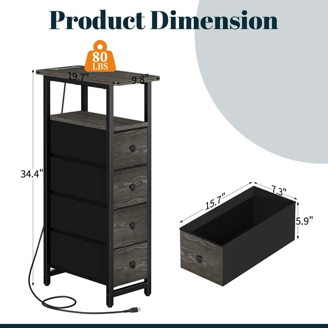 Alt view image 2 of 7 - Narrow Nightstand with Charging Station, LED Tall Narrow Side Table | Sturdy Grey Nightstand, Tall Space-Saving Dresser, Skinny Storage Drawers & Cabinet, Designed for Bedroom Dorm Small Spaces