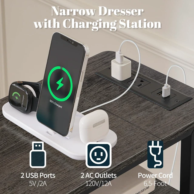 Alt view image 3 of 7 - Narrow Nightstand with Charging Station, LED Tall Narrow Side Table | Sturdy Grey Nightstand, Tall Space-Saving Dresser, Skinny Storage Drawers & Cabinet, Designed for Bedroom Dorm Small Spaces