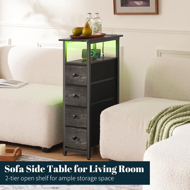Alt view image 5 of 7 - Narrow Nightstand with Charging Station, LED Tall Narrow Side Table | Sturdy Grey Nightstand, Tall Space-Saving Dresser, Skinny Storage Drawers & Cabinet, Designed for Bedroom Dorm Small Spaces