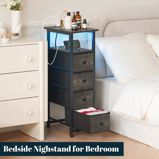 Alt view image 7 of 7 - Narrow Nightstand with Charging Station, LED Tall Narrow Side Table | Sturdy Grey Nightstand, Tall Space-Saving Dresser, Skinny Storage Drawers & Cabinet, Designed for Bedroom Dorm Small Spaces