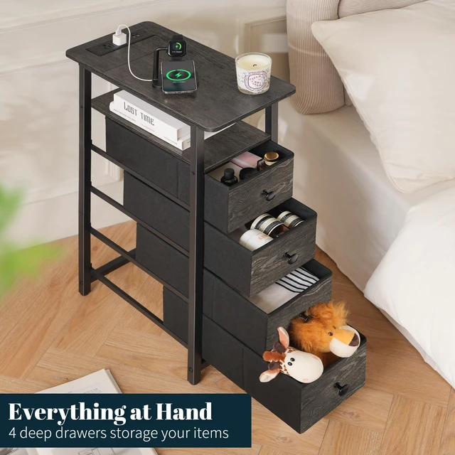 Alt view image 6 of 7 - Narrow Nightstand with Charging Station, LED Tall Narrow Side Table | Sturdy Grey Nightstand, Tall Space-Saving Dresser, Skinny Storage Drawers & Cabinet, Designed for Bedroom Dorm Small Spaces