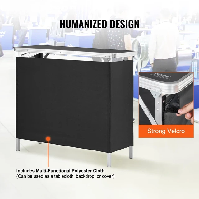 Alt view image 2 of 7 - Folding Portable Bar Table, Tradeshow Podium Table for Indoor, Outdoor, Party, Picnic, Exhibition, Includes Carrying Case, Storage Shelf and Black Skirt, 38.39" x 15.16" x 34.25"