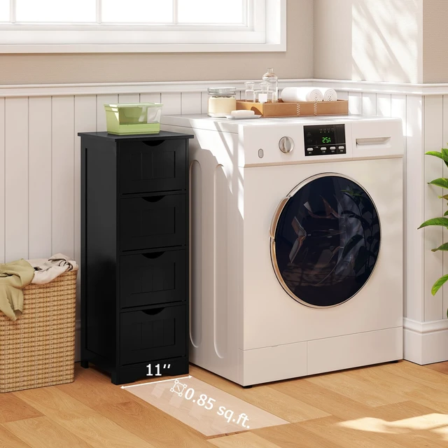 Alt view image 3 of 7 - Bathroom Floor Cabinet, Freestanding Narrow Side Storage Organizer with 4 Drawers, Multifunctional Towel Cabinet with Anti-Tip Kit for Living Room Laundry Entryway (4 Drawers, Black)
