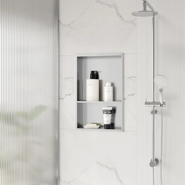 Alt view image 2 of 7 - 12" x 18" Stainless Steel Shower Niche w/Double Shelves, Brushed | No tile Needed Wall Niche, Recessed Niche for Bathroom Storage, Space Saving, Over Mount Installation