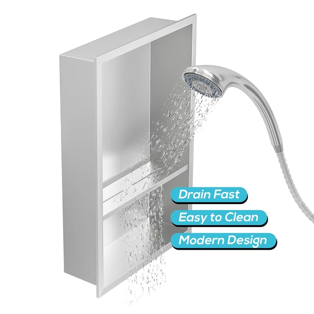 Alt view image 5 of 7 - 12" x 18" Stainless Steel Shower Niche w/Double Shelves, Brushed | No tile Needed Wall Niche, Recessed Niche for Bathroom Storage, Space Saving, Over Mount Installation