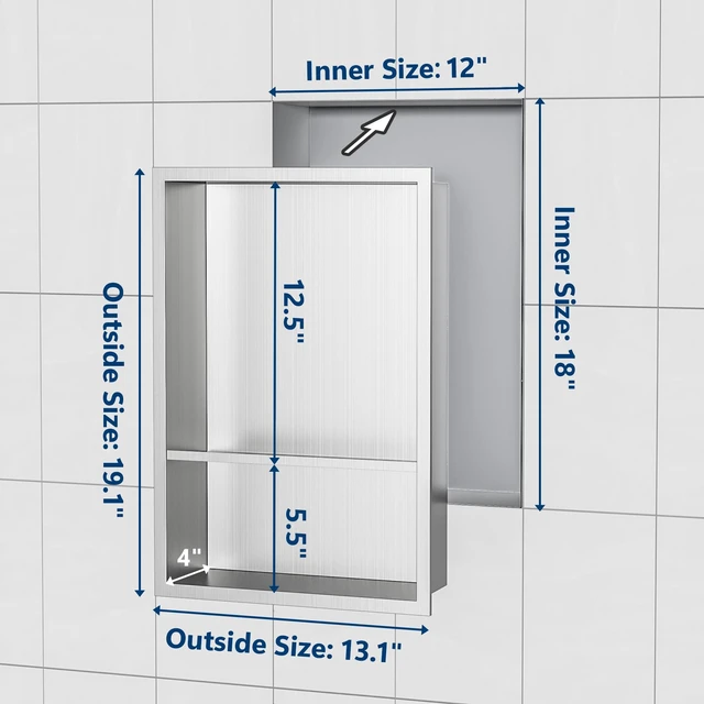 Alt view image 6 of 7 - 12" x 18" Stainless Steel Shower Niche w/Double Shelves, Brushed | No tile Needed Wall Niche, Recessed Niche for Bathroom Storage, Space Saving, Over Mount Installation