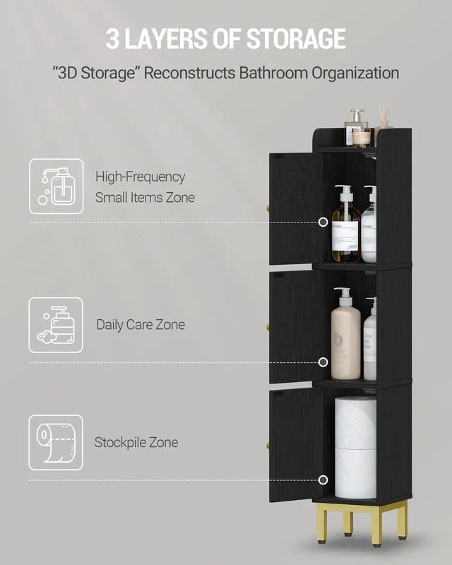 Alt view image 4 of 7 - Slim Bathroom Storage Cabinet, Narrow Bathroom Organizers,3 Doors | Narrow Storage Cabinet with 4 Adjustable Feet, Laundry Room Organization for Small Space, Kitchen,Living Room,Rattan Black