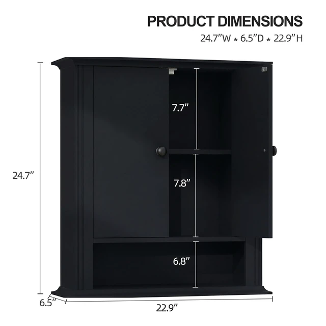 Alt view image 2 of 7 - Bathroom Wall Cabinet, Over The Toilet Storage With Adjustable Shelf | | Wall Mount Hanging Design,Over-Toilet Storage,2 Magnetic Doors,Black Finish,Use for Bathroom,Kitchen,Laundry Room