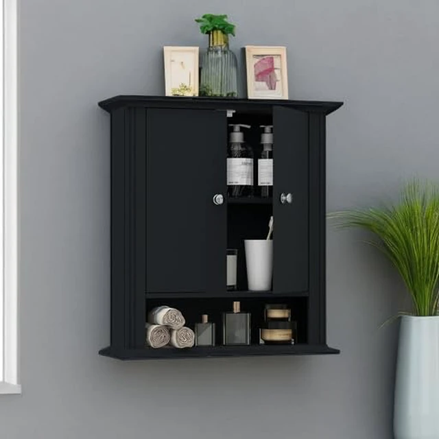 Alt view image 5 of 7 - Bathroom Wall Cabinet, Over The Toilet Storage With Adjustable Shelf | | Wall Mount Hanging Design,Over-Toilet Storage,2 Magnetic Doors,Black Finish,Use for Bathroom,Kitchen,Laundry Room