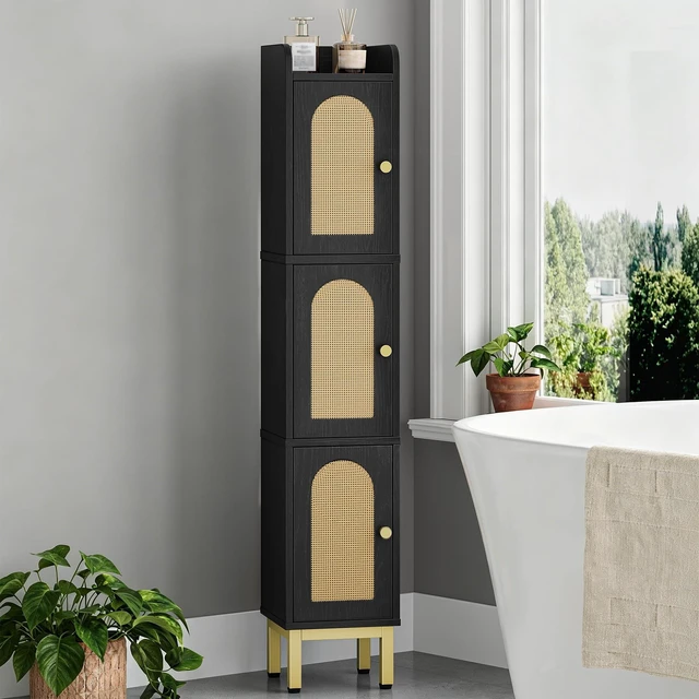Alt view image 2 of 7 - Slim Bathroom Storage Cabinet, Narrow Bathroom Organizers,3 Doors | Narrow Storage Cabinet with 4 Adjustable Feet, Laundry Room Organization for Small Space, Kitchen,Living Room,Rattan Black