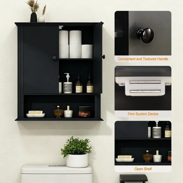 Alt view image 6 of 7 - Bathroom Wall Cabinet, Over The Toilet Storage With Adjustable Shelf | | Wall Mount Hanging Design,Over-Toilet Storage,2 Magnetic Doors,Black Finish,Use for Bathroom,Kitchen,Laundry Room