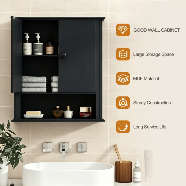 Alt view image 7 of 7 - Bathroom Wall Cabinet, Over The Toilet Storage With Adjustable Shelf | | Wall Mount Hanging Design,Over-Toilet Storage,2 Magnetic Doors,Black Finish,Use for Bathroom,Kitchen,Laundry Room